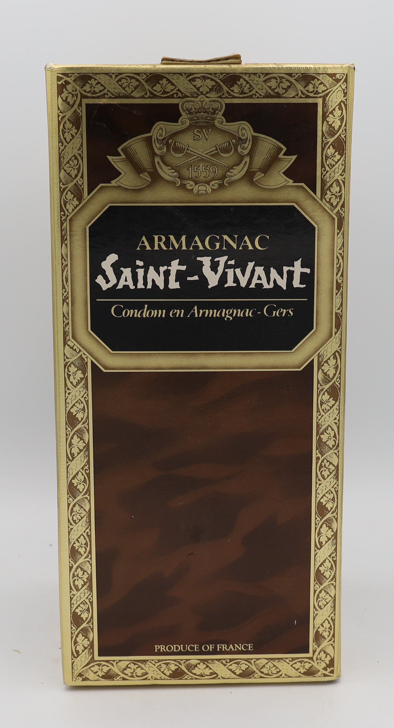 Saint Vivant Armagnac with gold wax and inner neck label in curved bottle – premium aged brandy with rich, smooth flavors, ideal for collectors and connoisseurs.