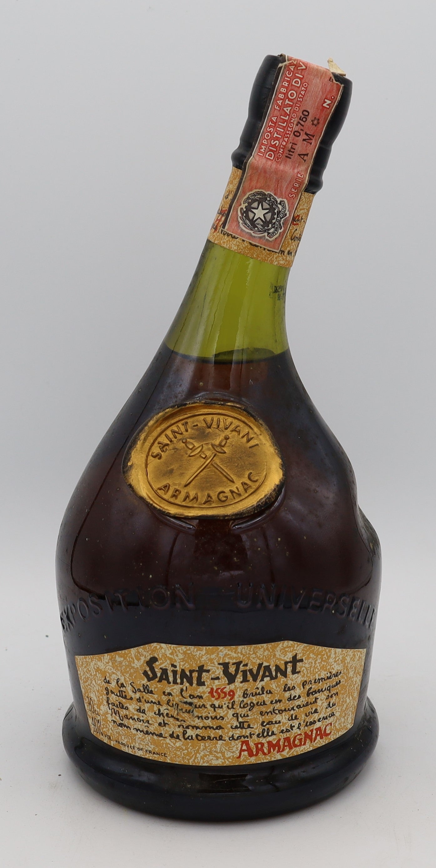 Saint Vivant Armagnac with gold wax and inner neck label in curved bottle – premium aged brandy with rich, smooth flavors, ideal for collectors and connoisseurs.