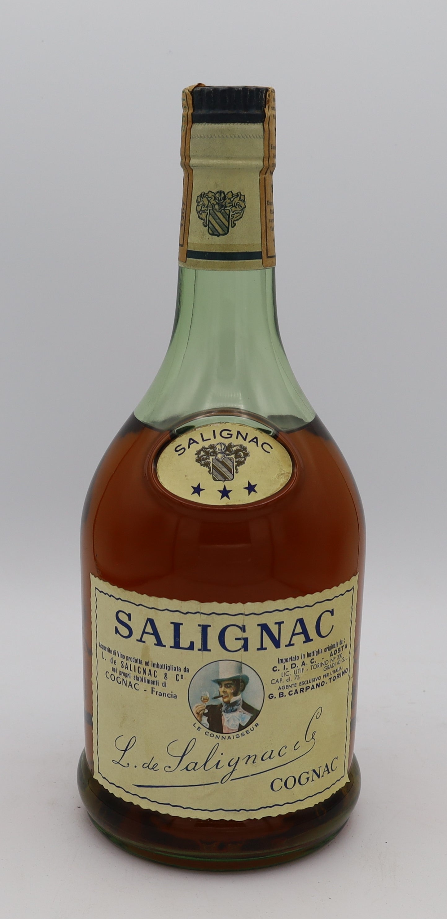 Salignac 3 Star Cognac – vintage French cognac bottle with a cream-colored label and traditional design, representing the classic three-star quality grade.