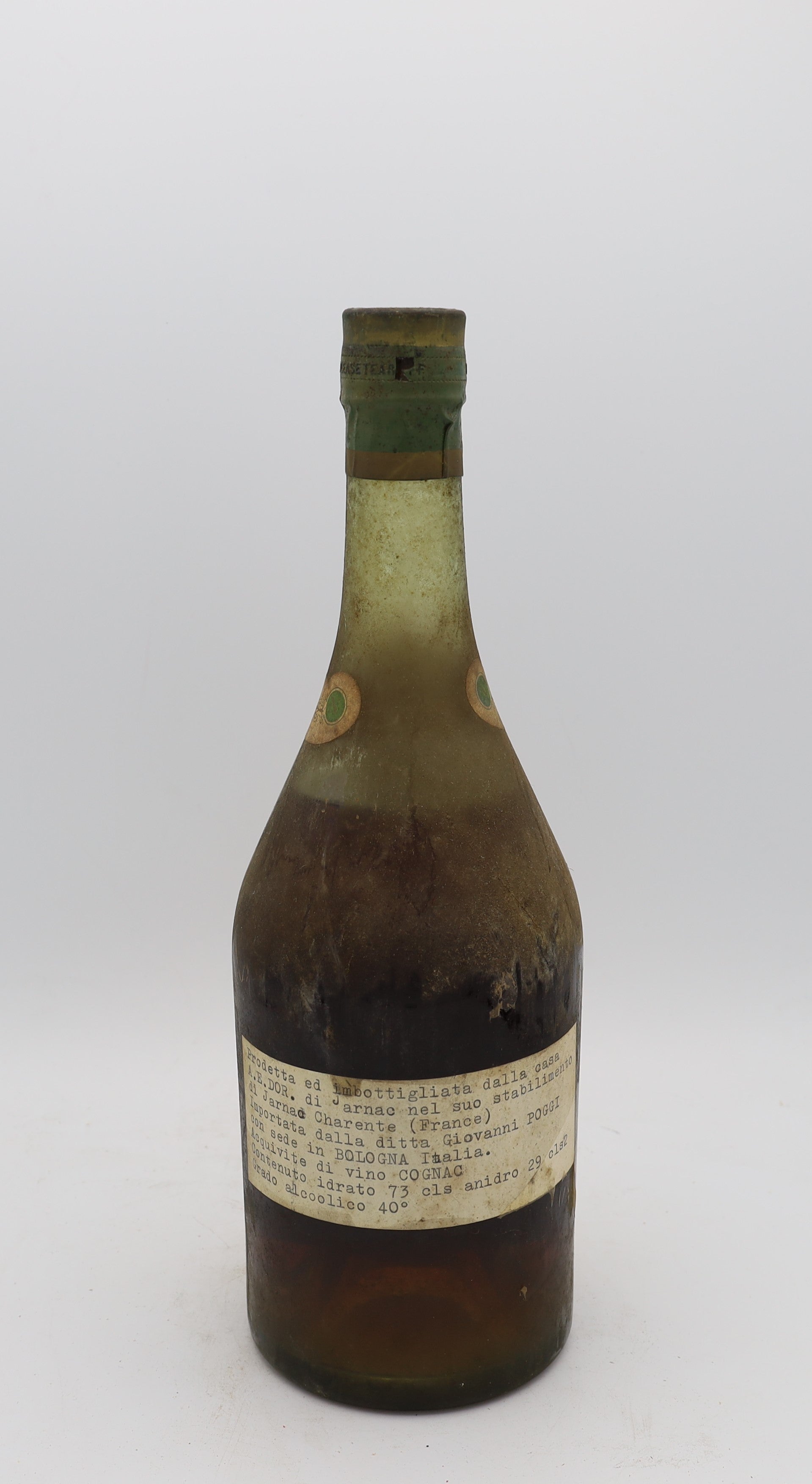 A.E. Dor Vieux Cognac Napoleon 1960s – rear view of rare vintage French cognac bottle, collectible edition for connoisseurs