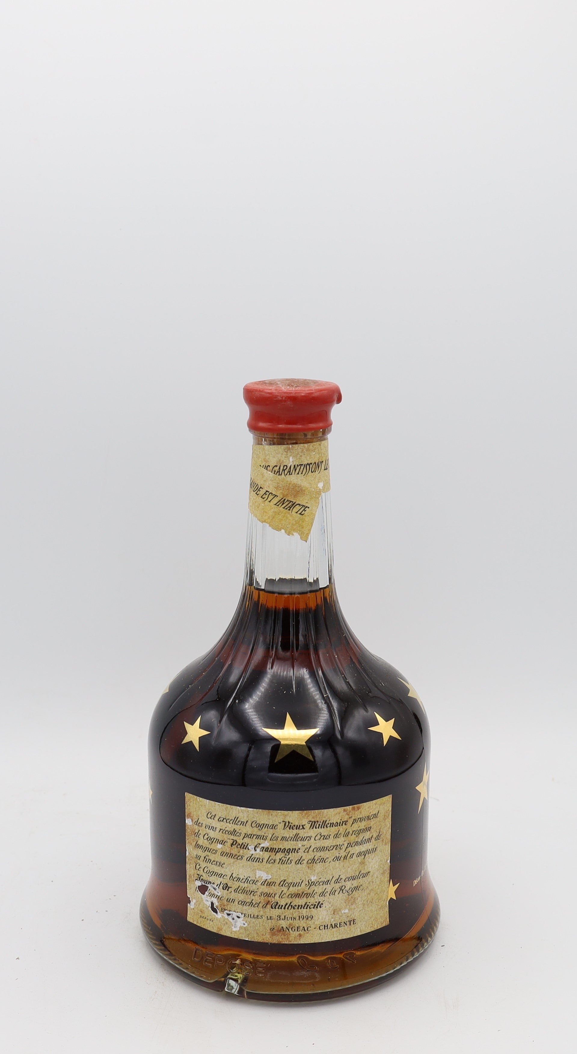 L’Héraud Vieux Millénaire Cognac – rear view of rare premium French cognac bottle, Reserved Treasures Club collectible edition