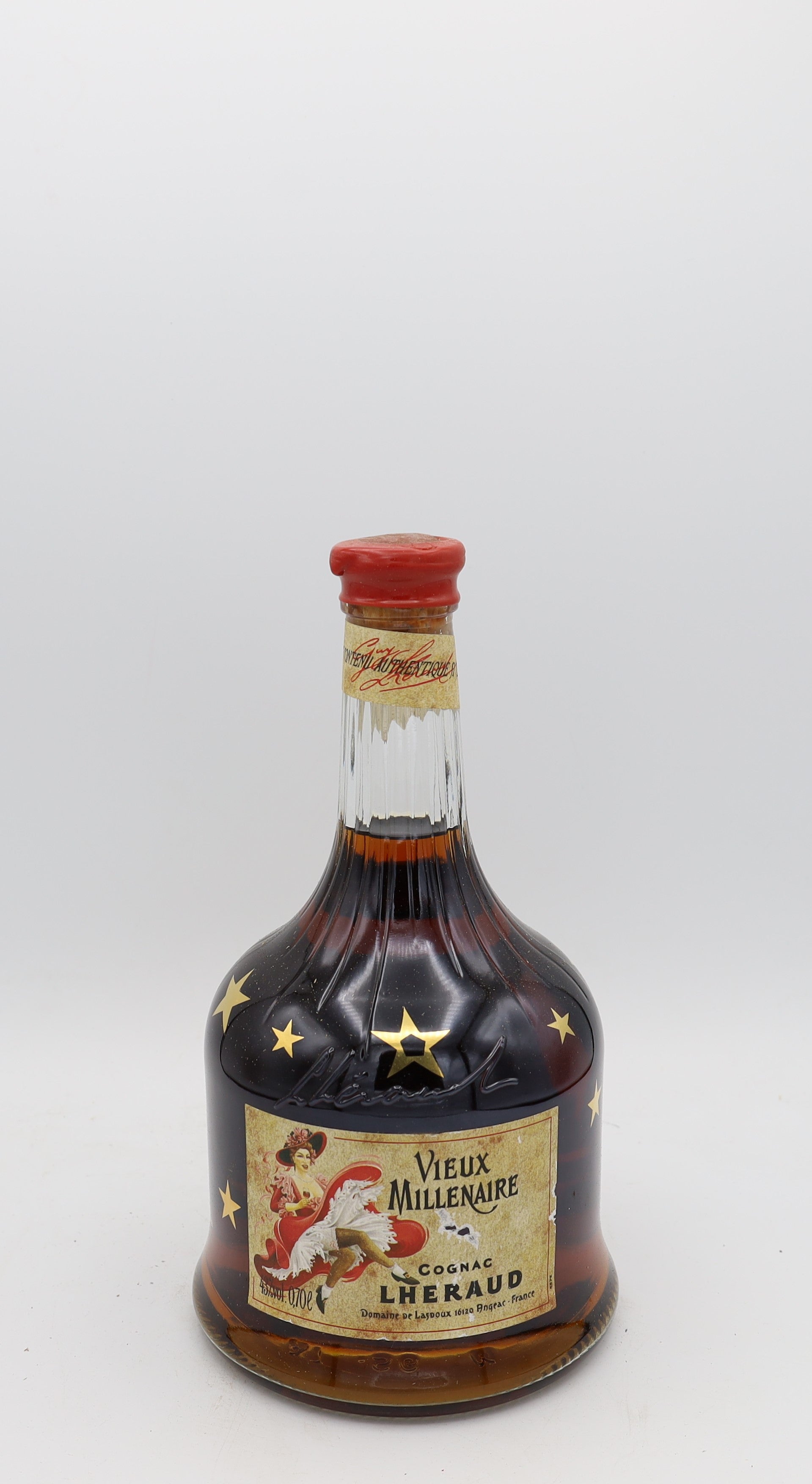 L’Héraud Vieux Millénaire Cognac – rear view of rare premium French cognac bottle, Reserved Treasures Club collectible edition