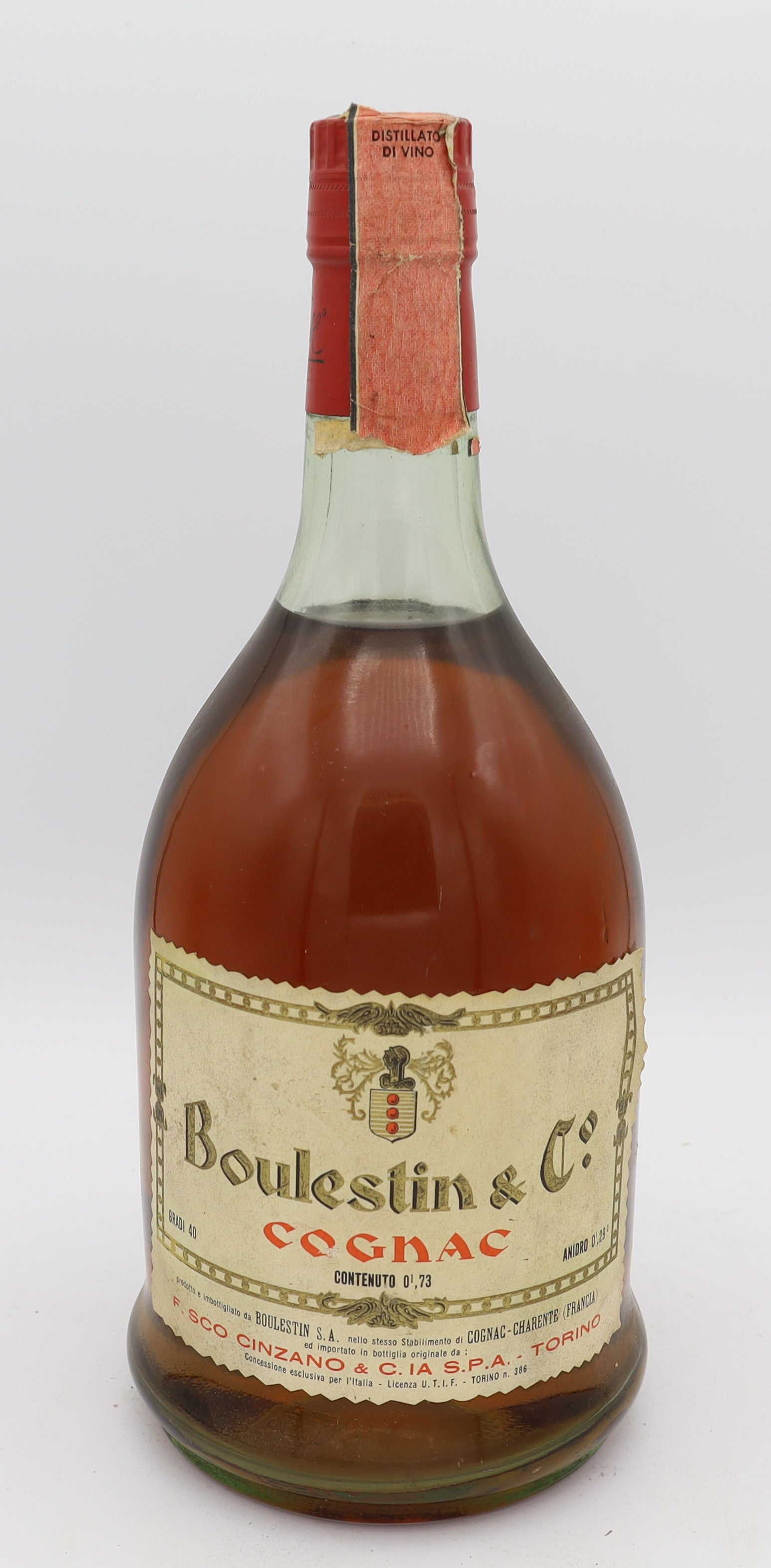 Boulestin Cognac, age unknown, with red cap – premium aged brandy with rich, smooth flavors, ideal for collectors and connoisseurs.