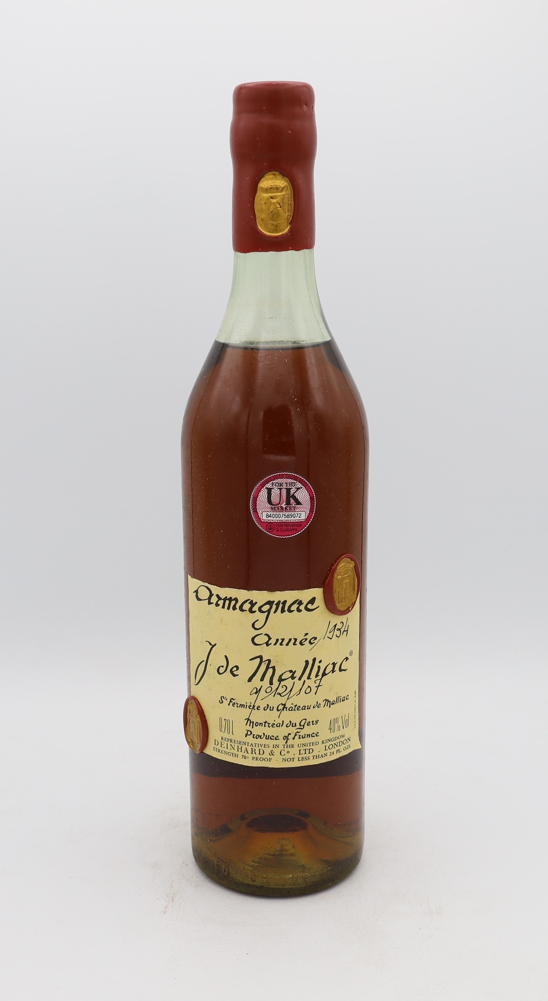 J. de Malliac Armagnac Vintage 1934, Reserved Treasures Club edition – exceptionally rare vintage brandy with rich, complex flavors, perfect for collectors.