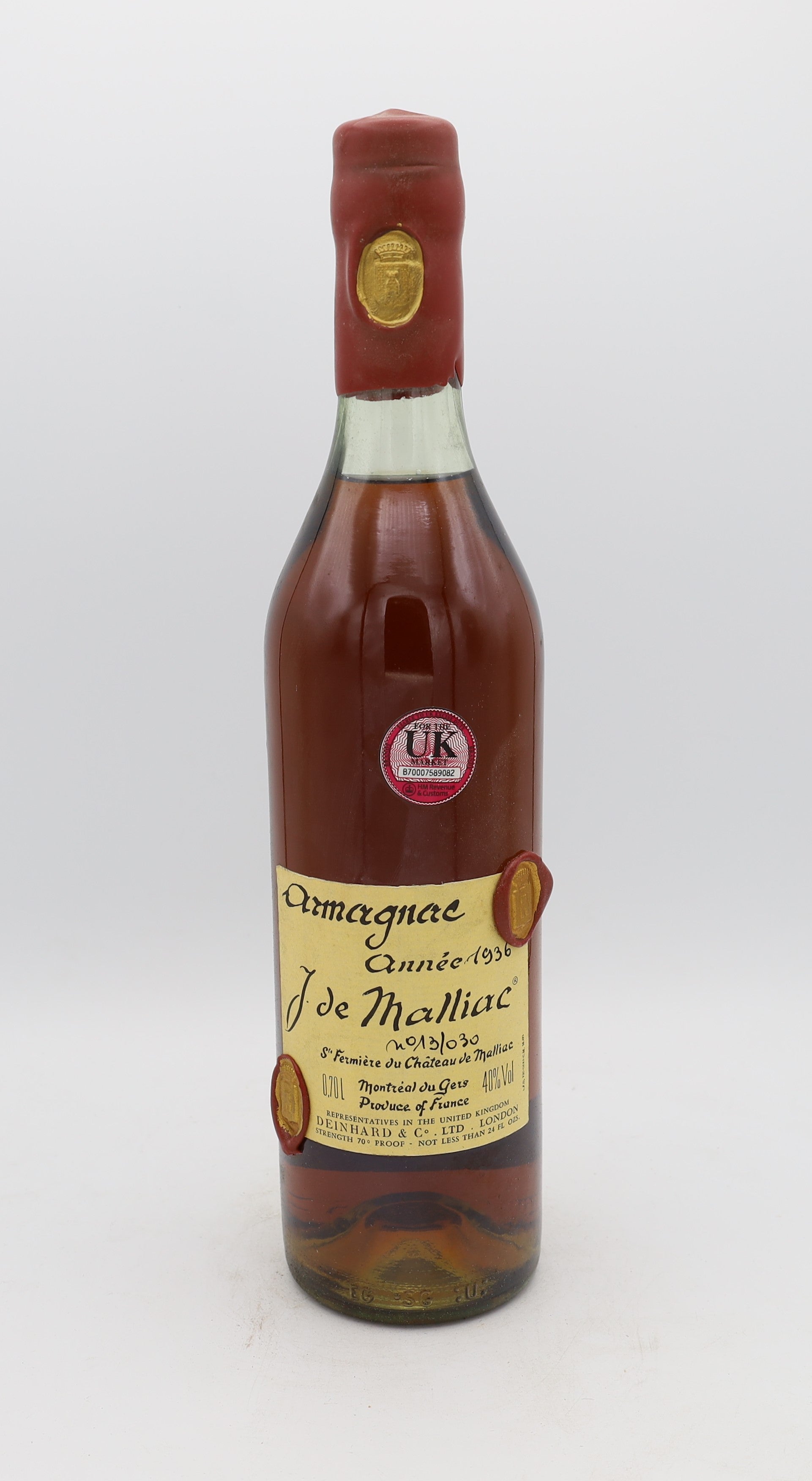 J. de Malliac Armagnac Vintage 1936, Reserved Treasures Club edition – exceptionally rare vintage brandy with rich, complex flavors, perfect for collectors.