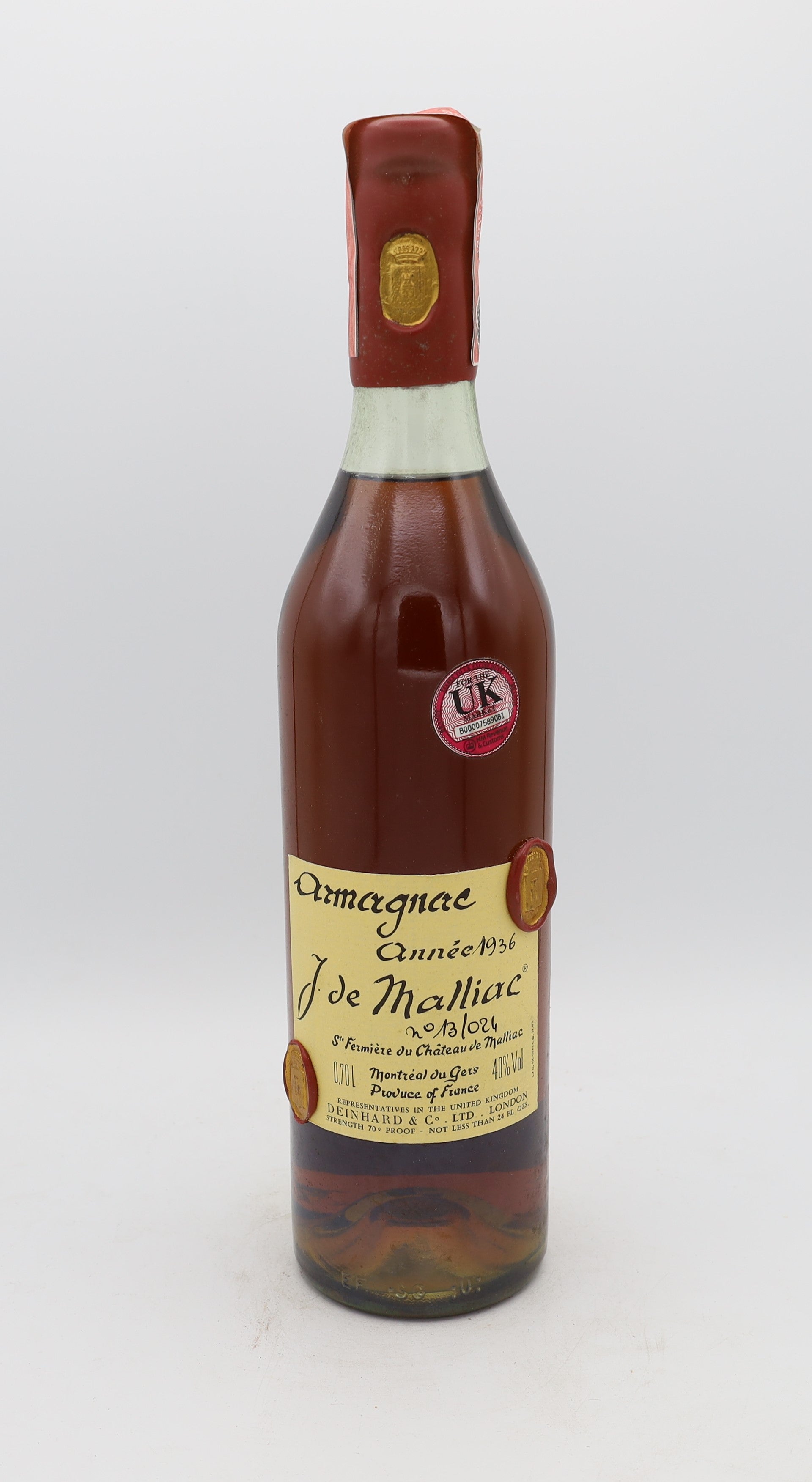 J. de Malliac Armagnac Vintage 1936, Reserved Treasures Club edition – exceptionally rare vintage brandy with rich, complex flavors, perfect for collectors.
