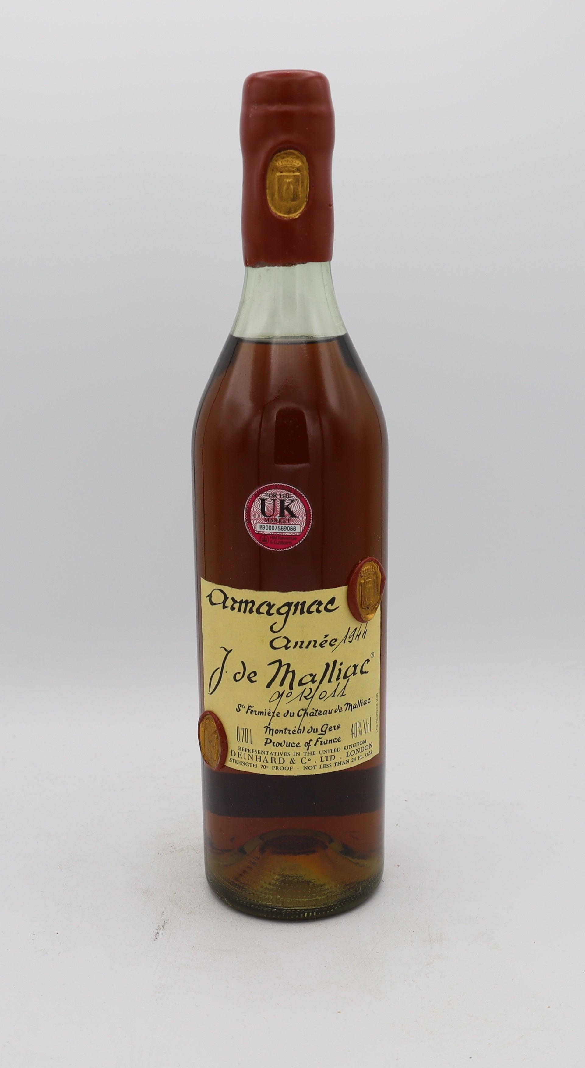 J. de Malliac Armagnac Vintage 1944, Reserved Treasures Club edition – exceptionally rare vintage brandy with rich, complex flavors, perfect for collectors.