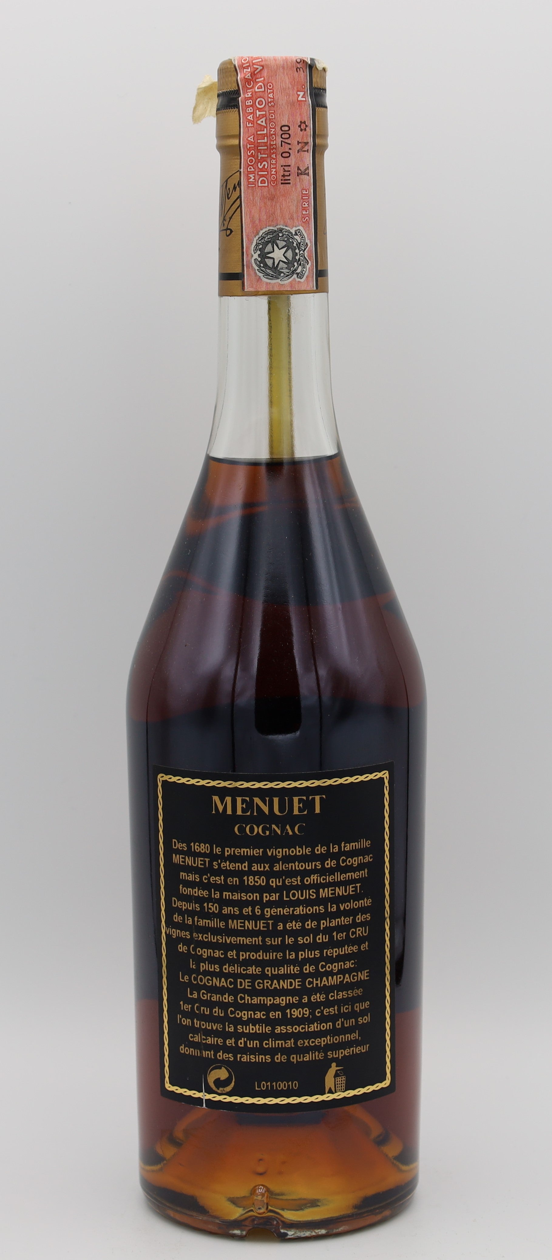 Menuet Extra Grande Champagne 1er Cru – premium French cognac with rich amber color, smooth and complex flavors, ideal for collectors and connoisseurs.