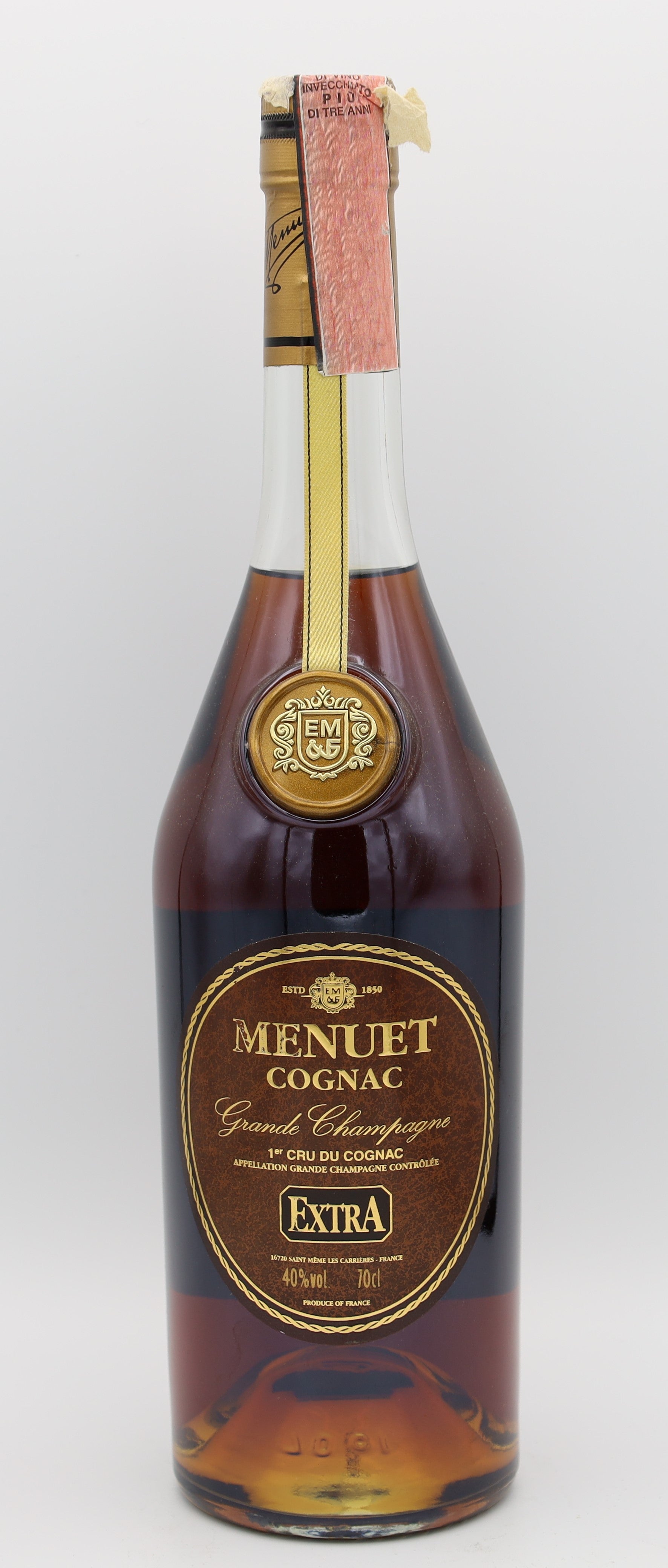 Menuet Extra Grande Champagne 1er Cru – premium French cognac with rich amber color, smooth and complex flavors, ideal for collectors and connoisseurs.