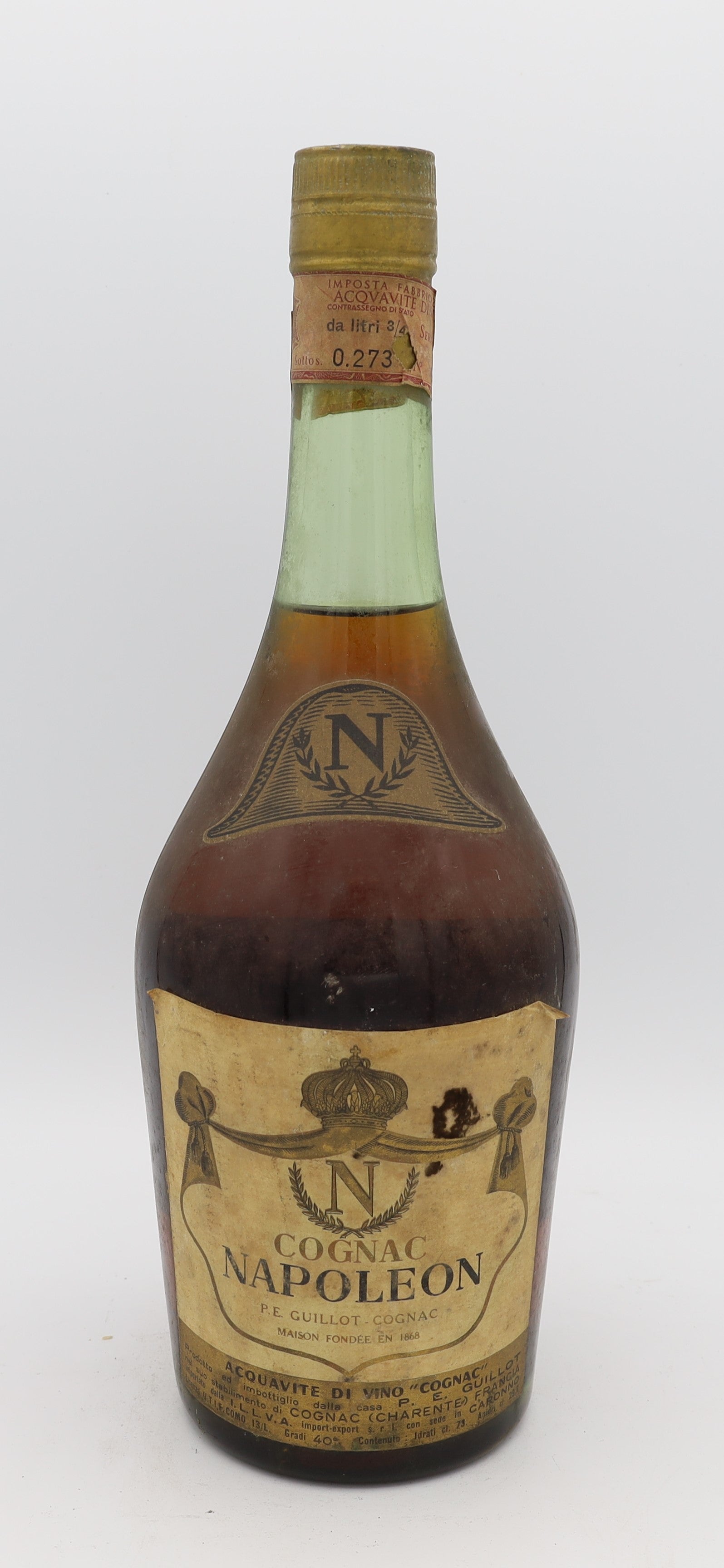 P.E. Guillot Napoleon Cognac Vintage 1960s – premium French brandy with rich amber color, smooth and complex flavors, aged to perfection, ideal for collectors and connoisseurs.