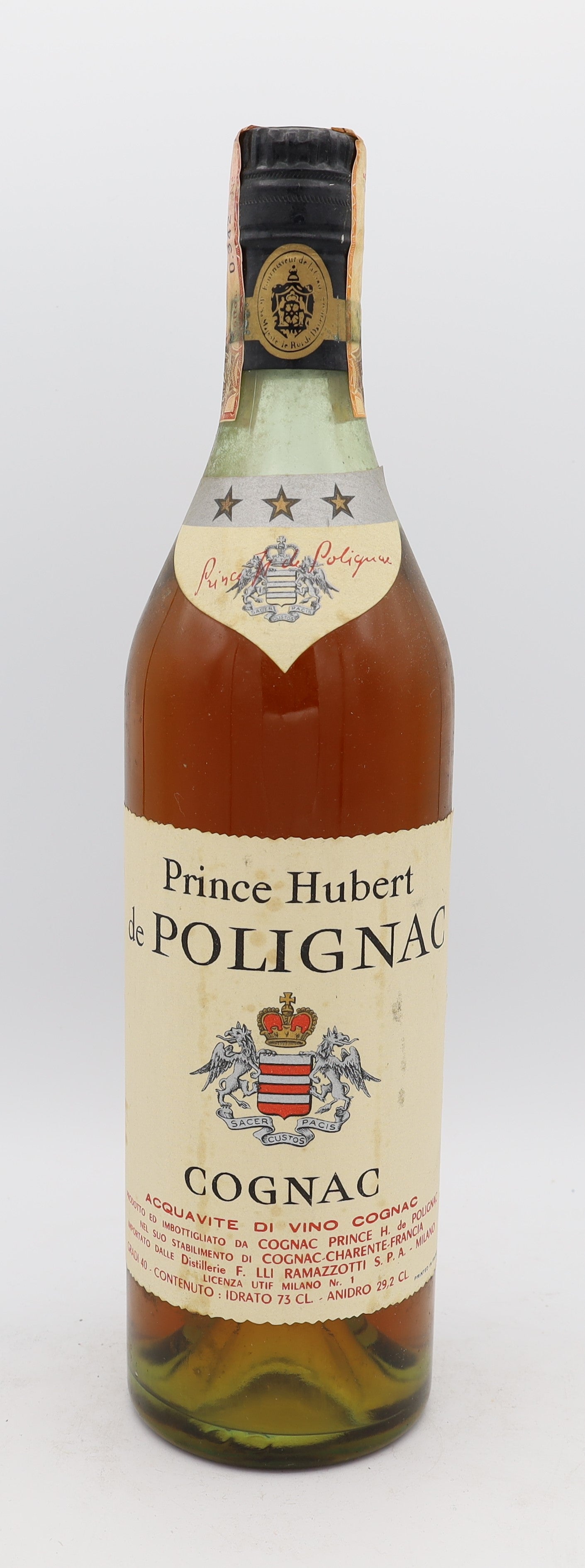 Prince Hubert 3 Stars Cognac – premium French brandy with rich amber color and smooth, balanced flavors, presented in a tall bottle, ideal for collectors and connoisseurs.
