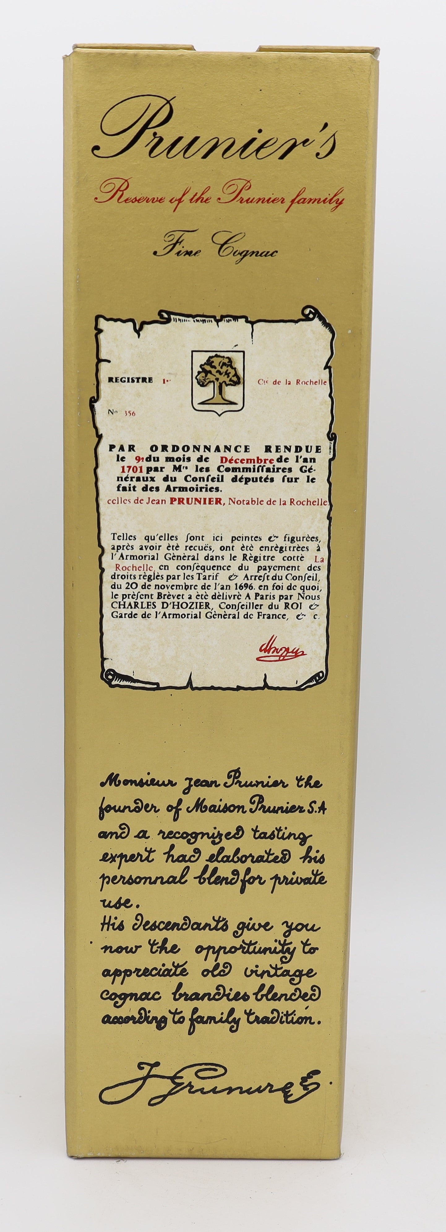 Pruniers Cognac Réserve de la Famille Vintage 1970s – premium Fine Champagne brandy with rich amber color, smooth and complex flavors, ideal for collectors and connoisseurs.
