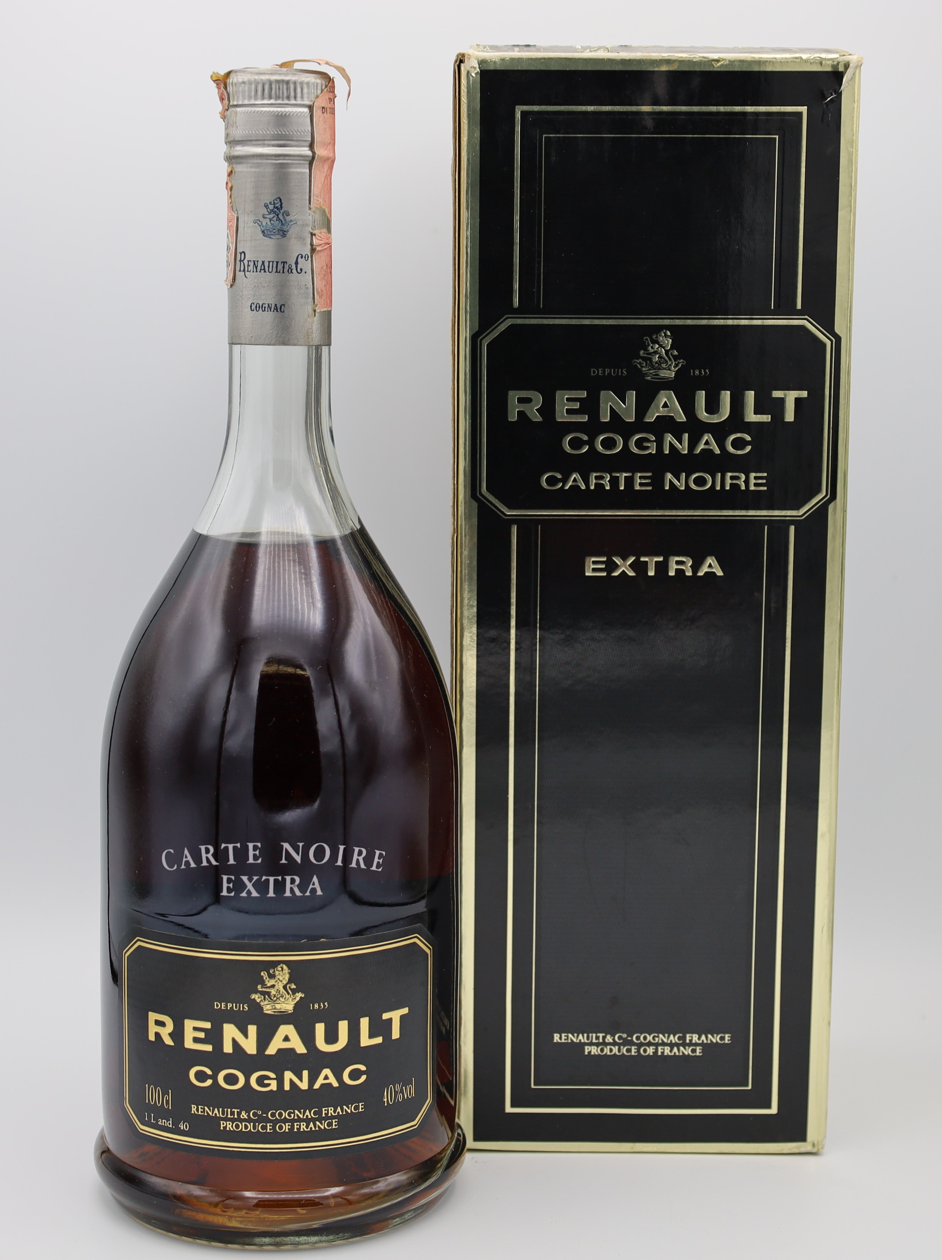 Renault Cognac Carte Noire Extra Vintage 1980 – premium French brandy with rich amber color, smooth and complex flavors, 1-liter bottle, ideal for collectors and connoisseurs.