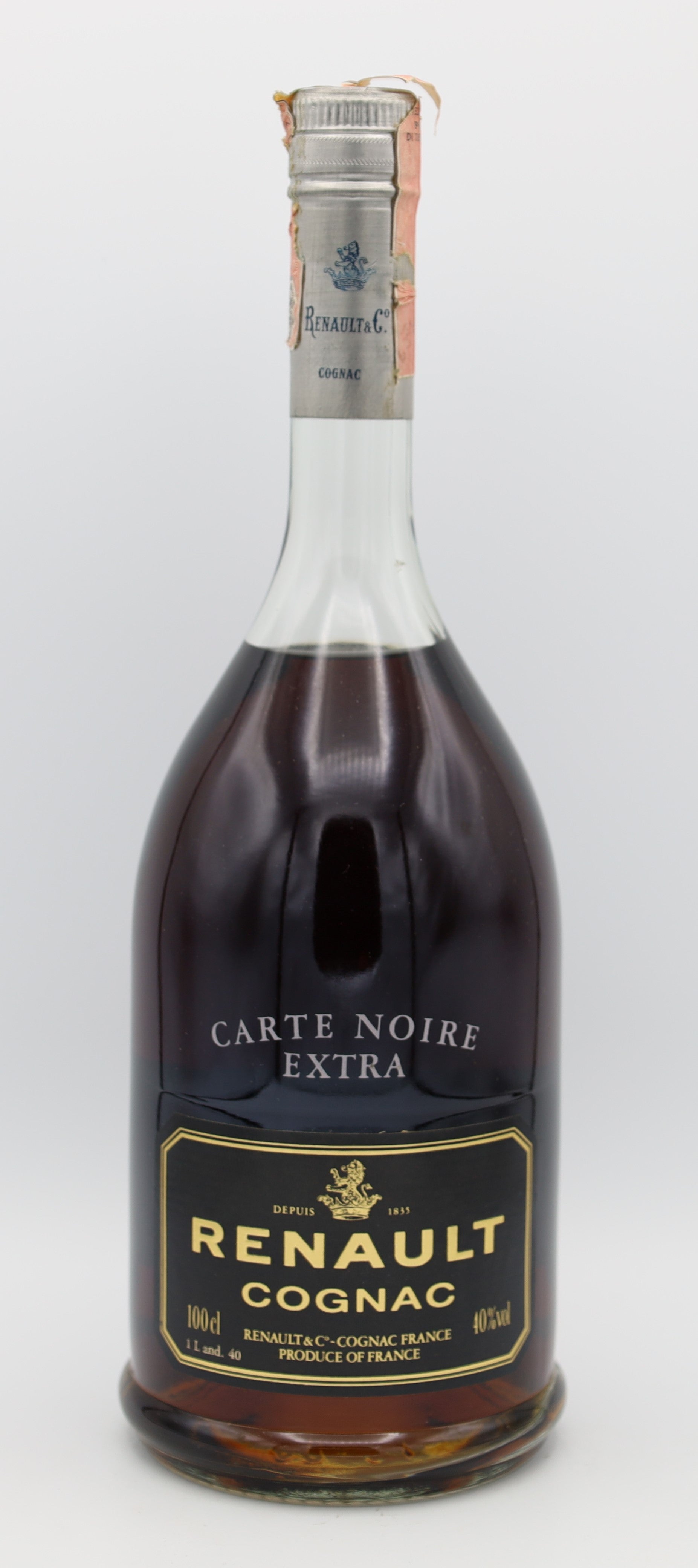 Renault Cognac Carte Noire Extra Vintage 1980 – premium French brandy with rich amber color, smooth and complex flavors, 1-liter bottle, ideal for collectors and connoisseurs.