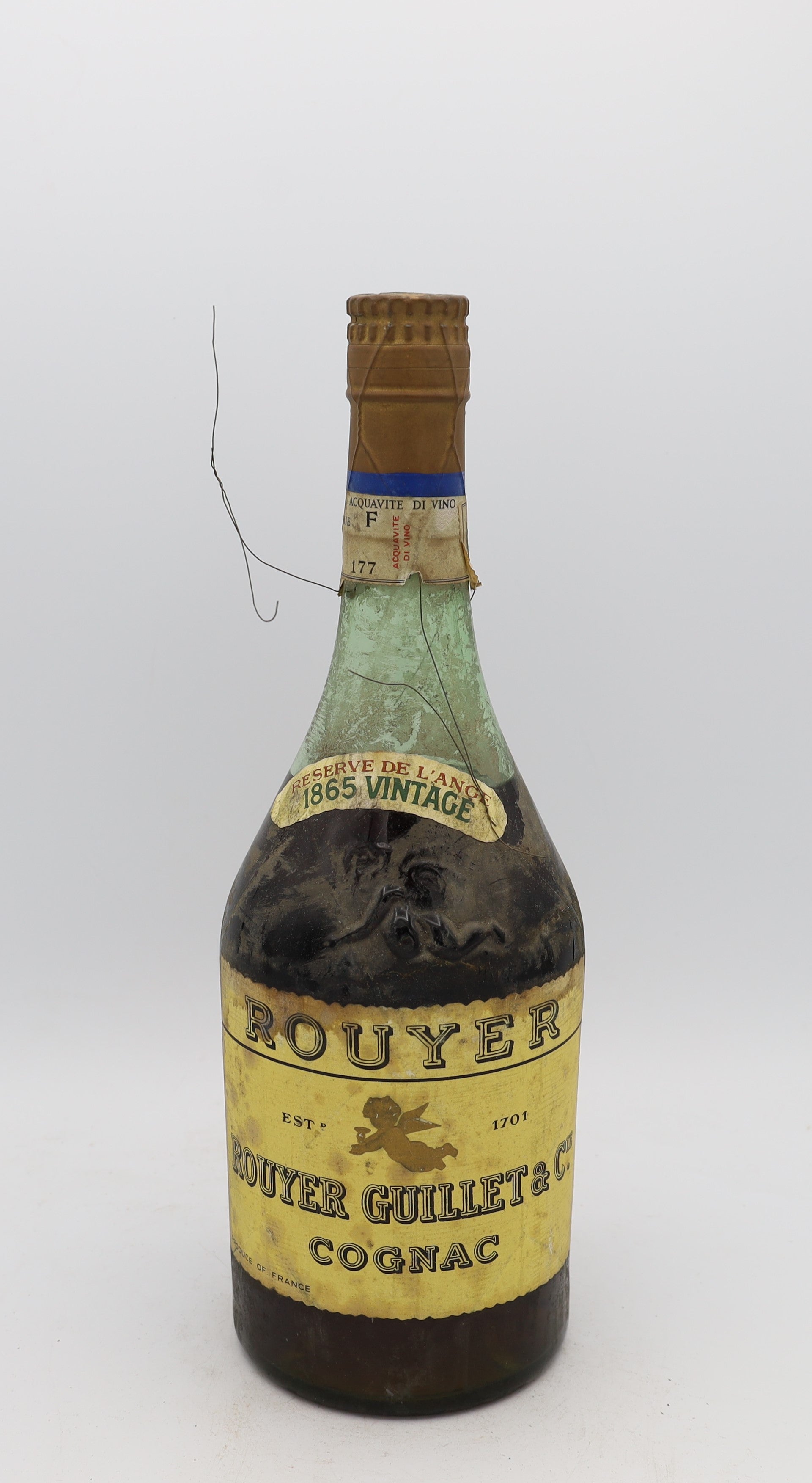 Rouyer Guillet Réserve de l’Ange Cognac Vintage 1865 – rear view of rare French cognac bottle, collectible edition for connoisseurs