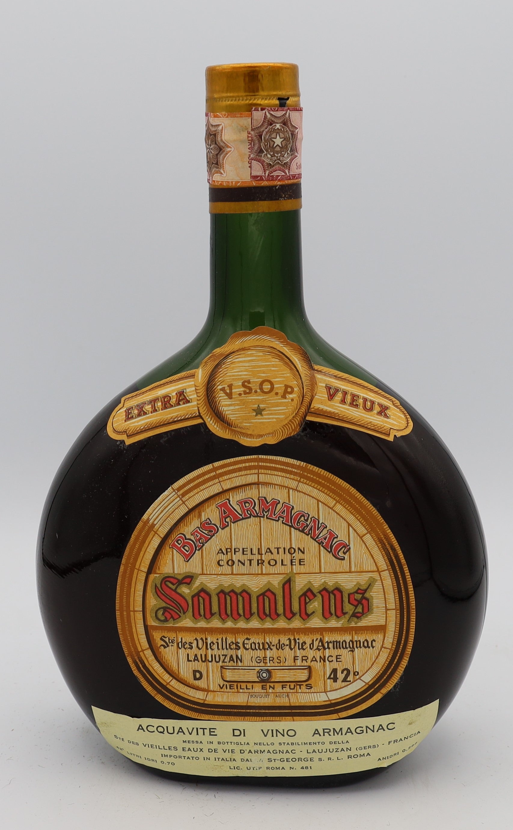 Samalens Armagnac Extra VSOP Vieux in green bottle with gold cap – premium aged brandy with rich, smooth flavors, ideal for collectors and connoisseurs.